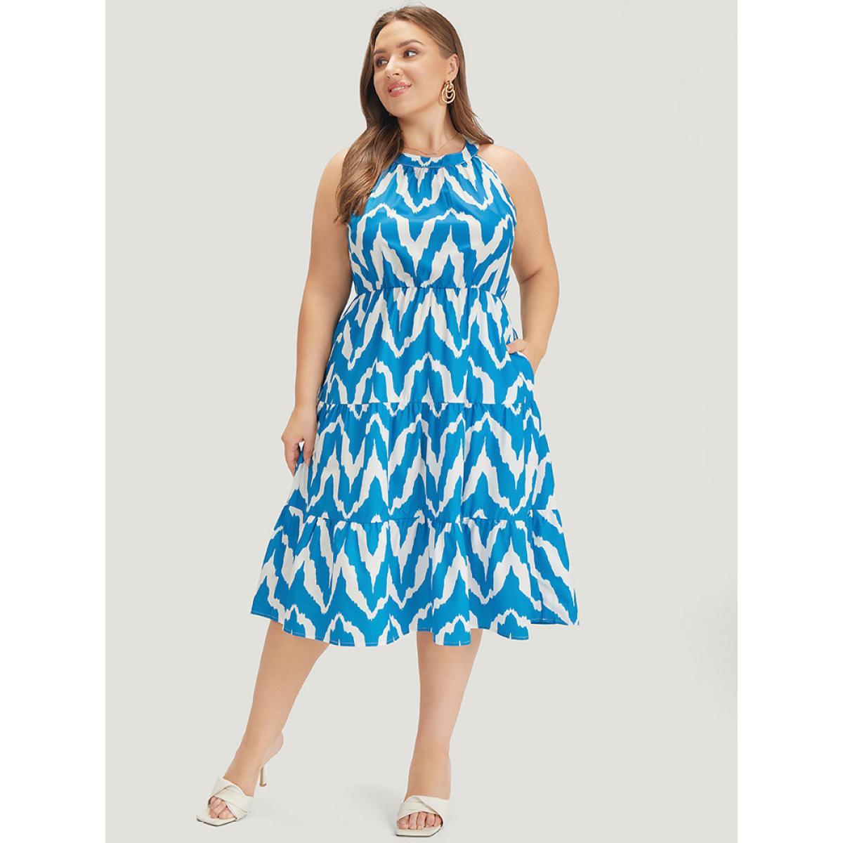 Plus Size Geometric Print Halter Pocket Ruffle Tiered Dress Blue Women Elegant Contrast Halter neck Sleeveless Curvy Midi Dress BloomChic 14-16/1X Product Image