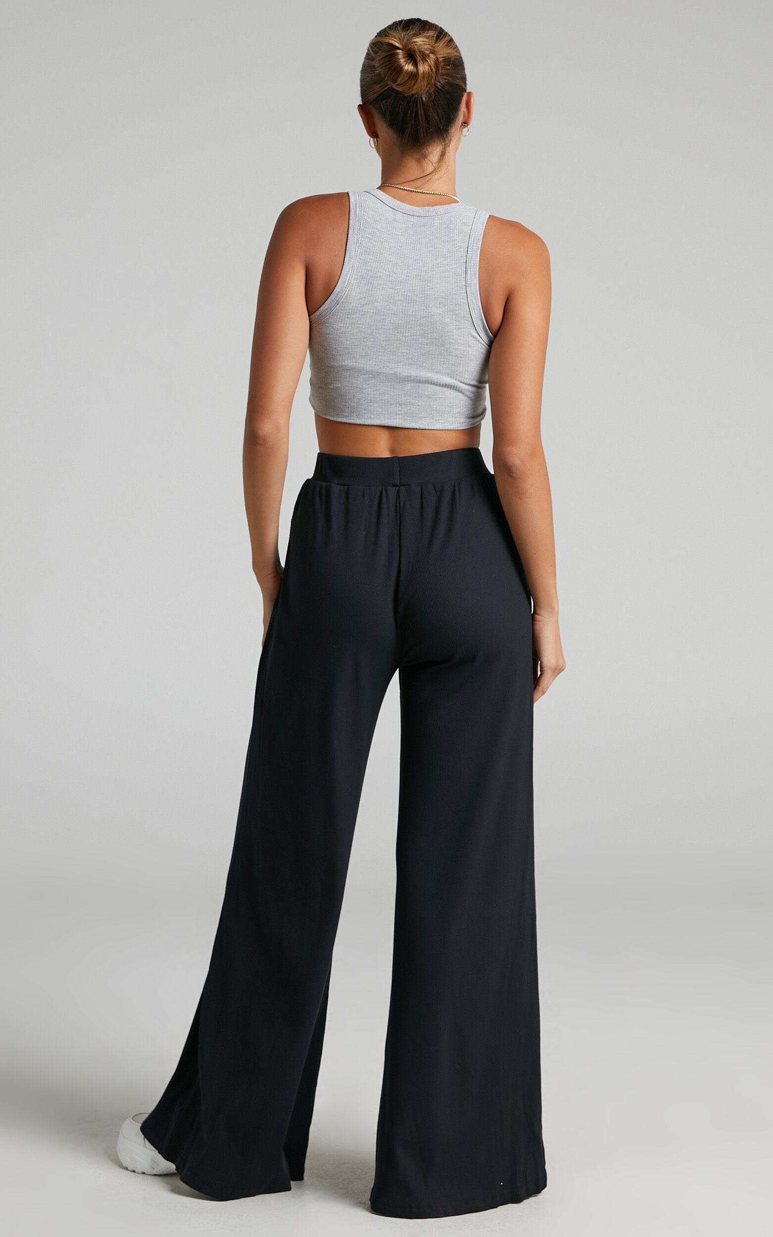 Amalthea Pants - High Waisted Jersey Rib Wide Leg Pants in Black Product Image