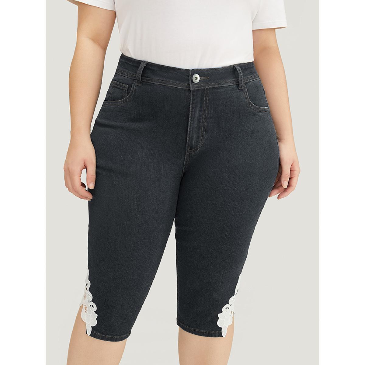 Plus Size Very Stretchy High Rise Medium Wash Guipure Lace Knee Denim Shorts Women DimGray High stretch Everyday Patch pocket Casual Denim Shorts BloomChic 10/M Product Image