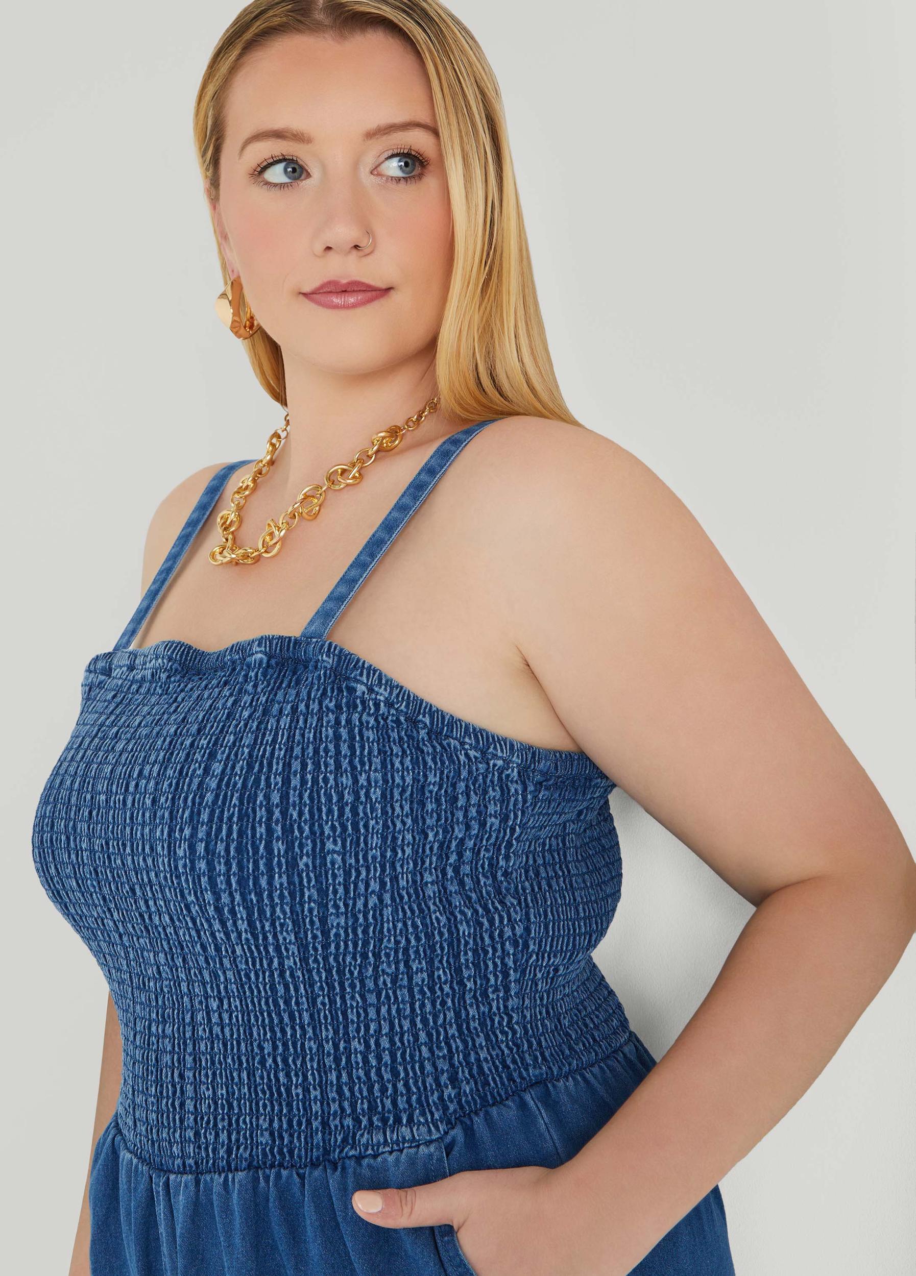 Shirred Denim Wide Leg Jumpsuit Product Image