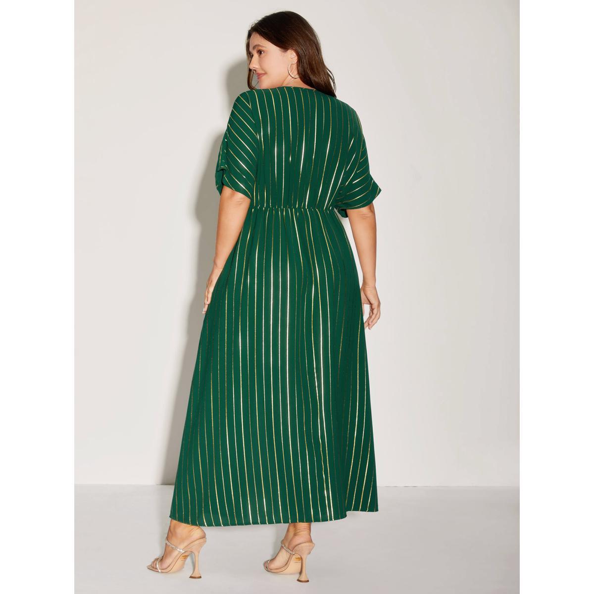 Plus Size Gold Shimmery Stripes Pockets Midi Dress DarkGreen Women V-neck Short sleeve Curvy BloomChic 30/6X Product Image