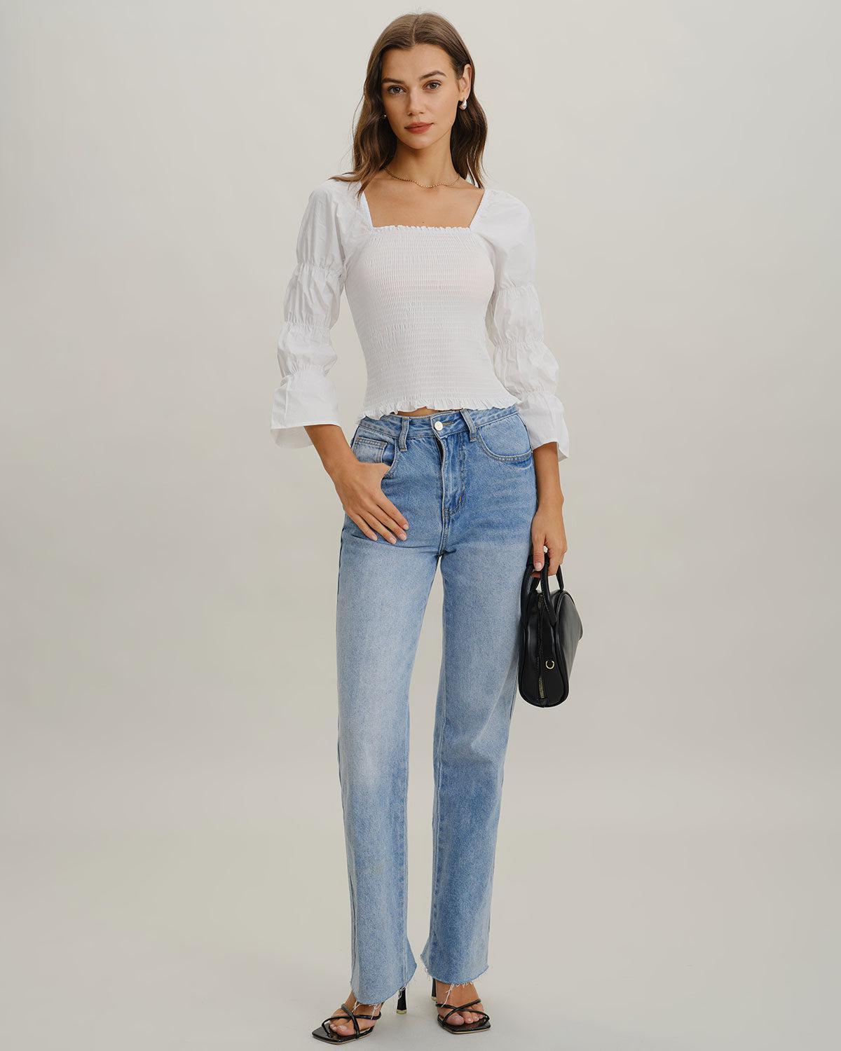 White Square Neck Shirred Blouse Product Image