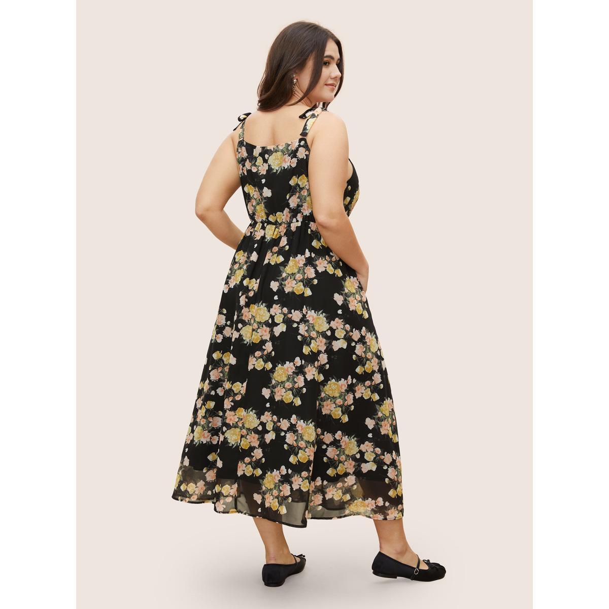 Plus Size Floral Tie Knot Elastic Waist Dress Black Women Formal Tie knot V-neck Sleeveless Curvy BloomChic 10/M Product Image