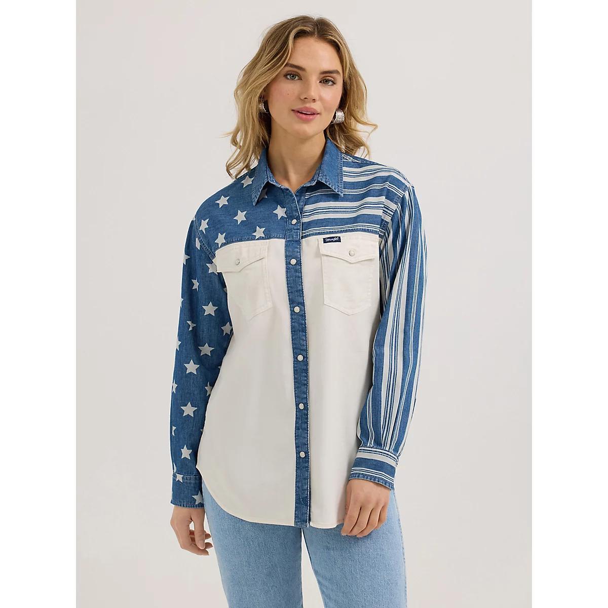 Women's Wrangler Pieced Boyfriend Denim Western Snap Shirt in Stars Stripes Product Image