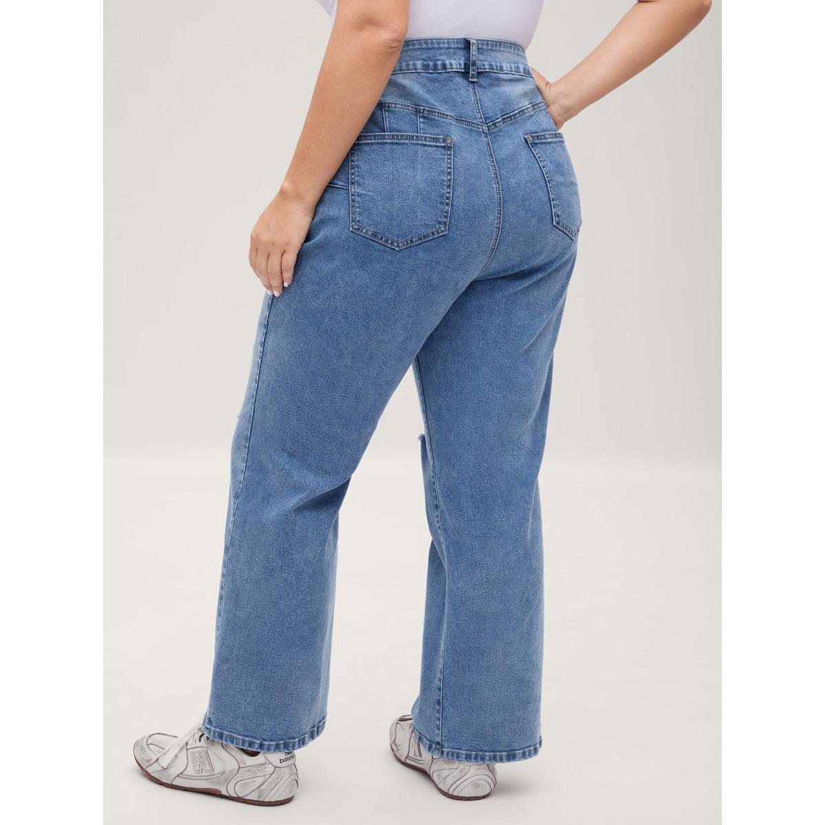 Plus Size Stretchy Ripped Flared Hem Jeans Women Midblue Medium stretch Slanted pocket Jeans BloomChic 26/4X Product Image