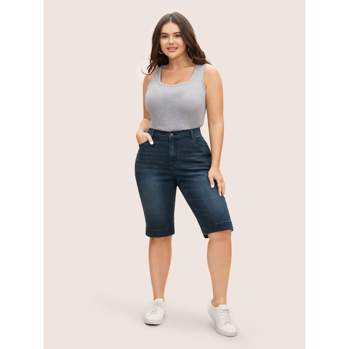 Plus Size Vintage Dark Wash Slit Hem Cropped Jeans Women Darkindigo Casual Button High stretch Slanted pocket Jeans BloomChic 20/2X Product Image