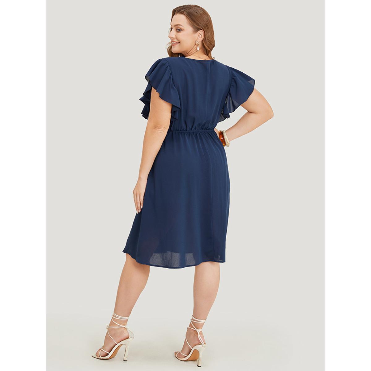 Plus Size Solid Contrast Lace V Neck Pocket Flutter Trim Dress DarkBlue Women Elegant Lace V-neck Cap Sleeve Curvy Knee Dress BloomChic 30/6X Product Image