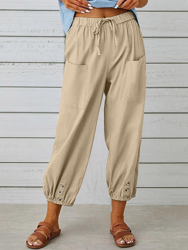 High Waisted Loose Buttoned Drawstring Elasticity Pockets Split-Joint Ninth Pants Trousers Product Image