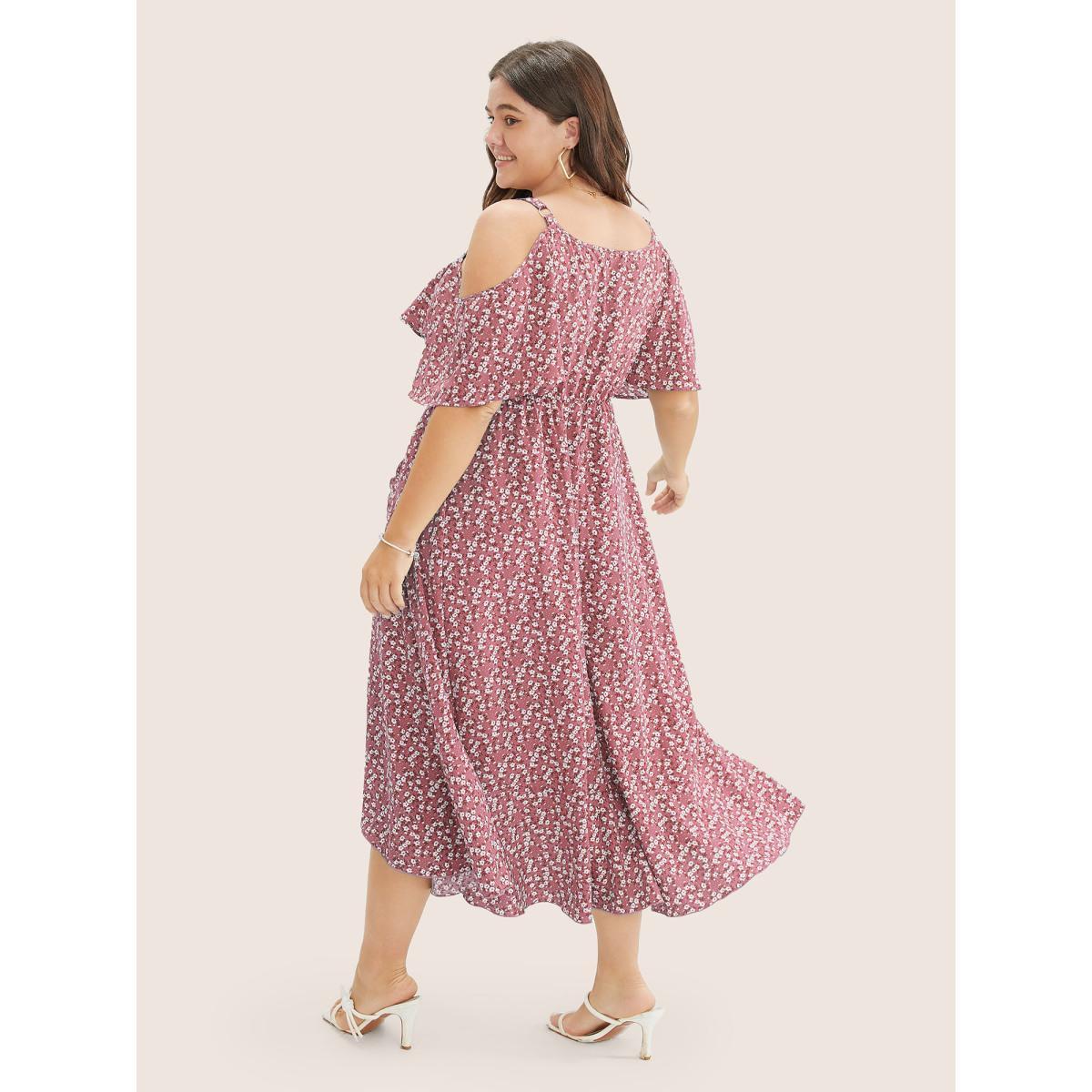 Plus Size Ditsy Floral Pocket Wrap Cold Shoulder Ruffle Dress DustyPink Women Elegant Non Overlap Collar Short sleeve Curvy Midi Dress BloomChic 12/L Product Image