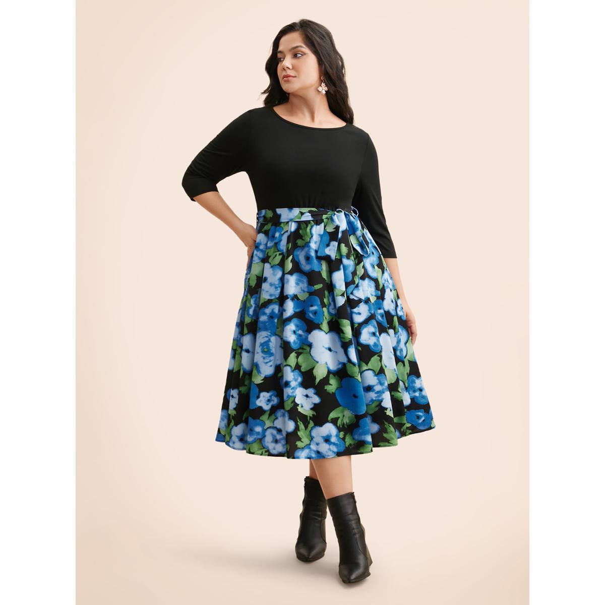 Plus Size Round Neck Floral Patchwork Belted Dress Black Women Elegant Belted Round Neck Elbow-length sleeve Curvy BloomChic 22-24/3X Product Image