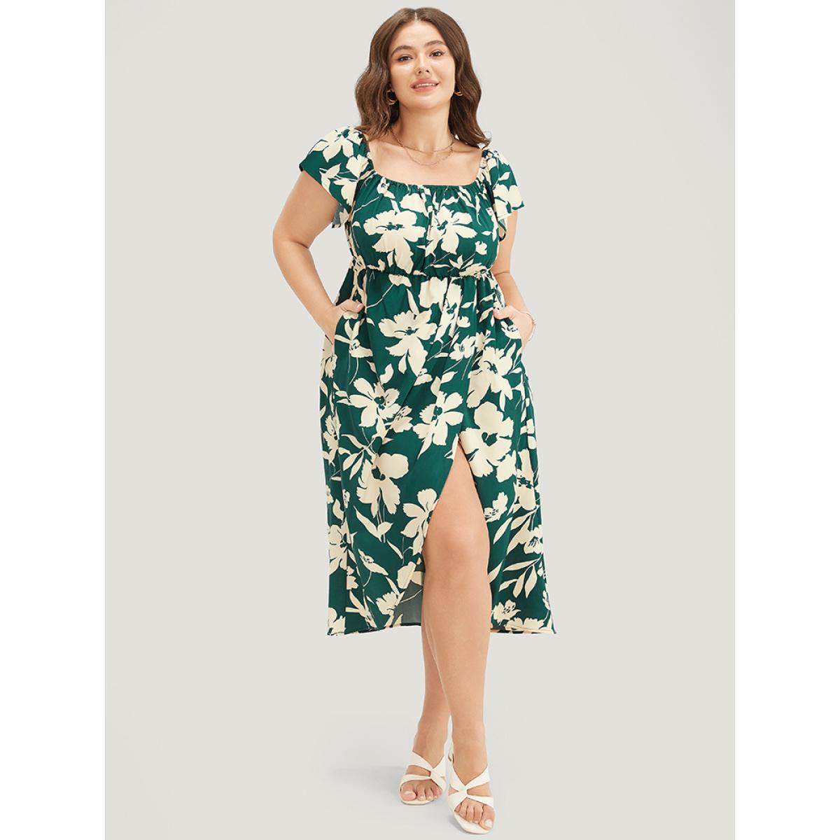 Plus Size Floral Ruffles Pleated Split Hem Pocket Off Shoulder Dress Emerald Women Elegant Printed One-shoulder neck Short sleeve Curvy Midi Dress BloomChic 14-16/1X Product Image