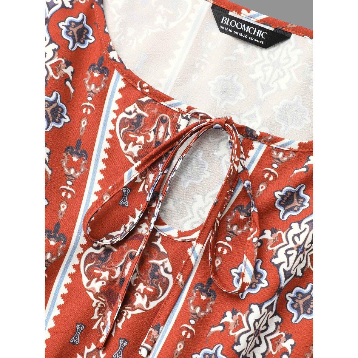 Plus Size Boho Print Shirred Tie Knot Midi Dress Russet Women Resort Tie knot V-neck Elbow-length sleeve Curvy BloomChic 12/L Product Image