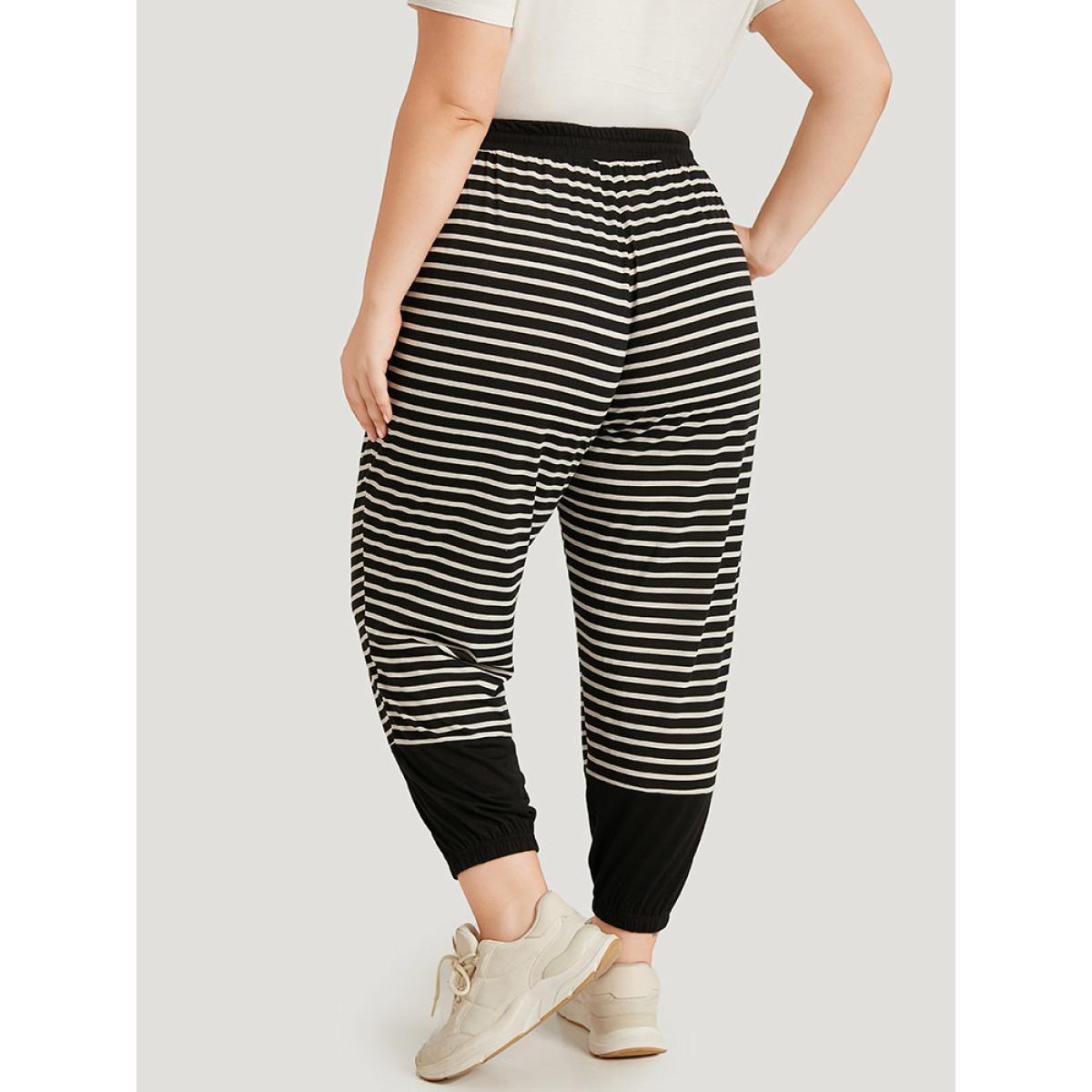 Striped Patchwork Elastic Waist Pocket Ties Sweatpants Black Plus Size Women Casual Dailywear Patchwork 14-16/1X Bloomchic Product Image