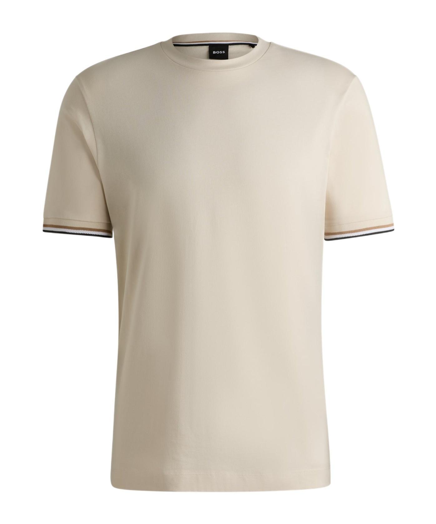 HUGO BOSS Cotton-jersey T-shirt With Signature-stripe Cuffs In White Product Image