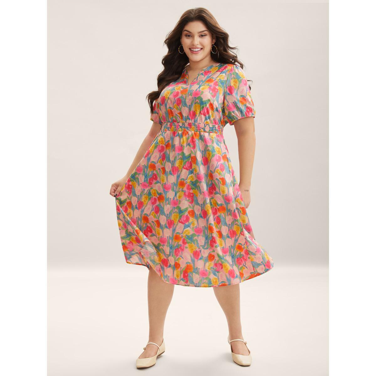 Plus Size Cotton Rosy Garden Shirred Waist Pockets Midi Dress Blush Women Notched collar Short sleeve Curvy BloomChic 30/6X Product Image