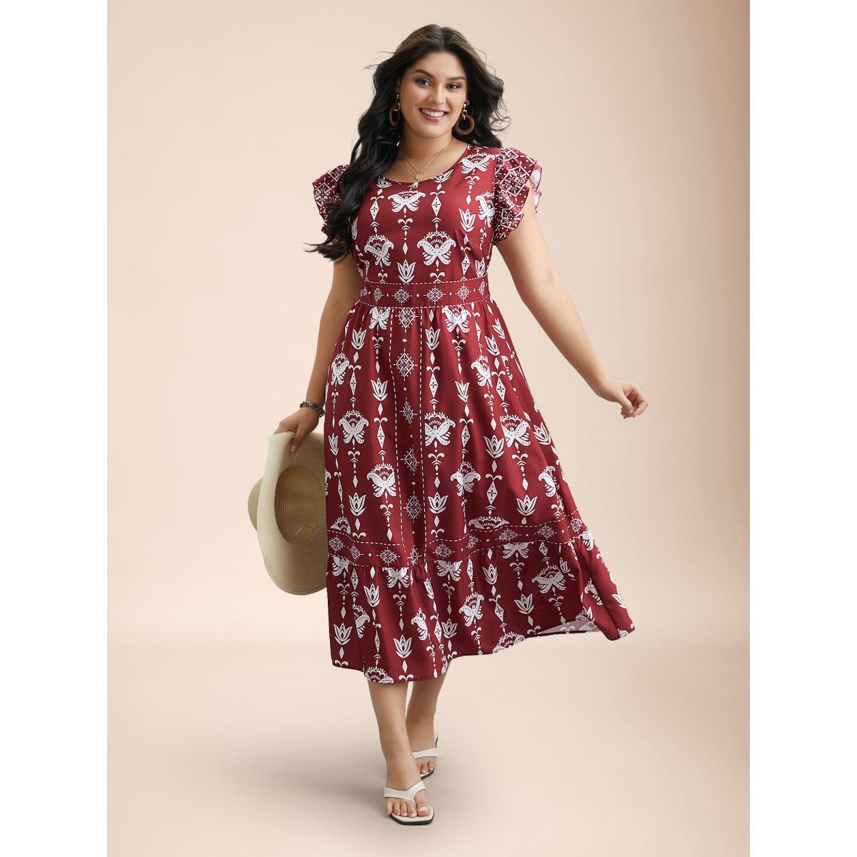 Plus Size Boho Print Stretchy-Waist Ruffled Midi Dress Russet Women Resort Shirred Round Neck Cap Sleeve Curvy BloomChic 18-20/2X Product Image