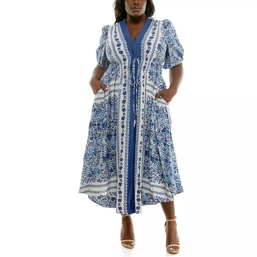 Plus Size Taylor Puff Sleeve Smocked Waist Fit & Flare Maxi Dress, Women's, Size: 14 Regular, White Steel Blue Product Image