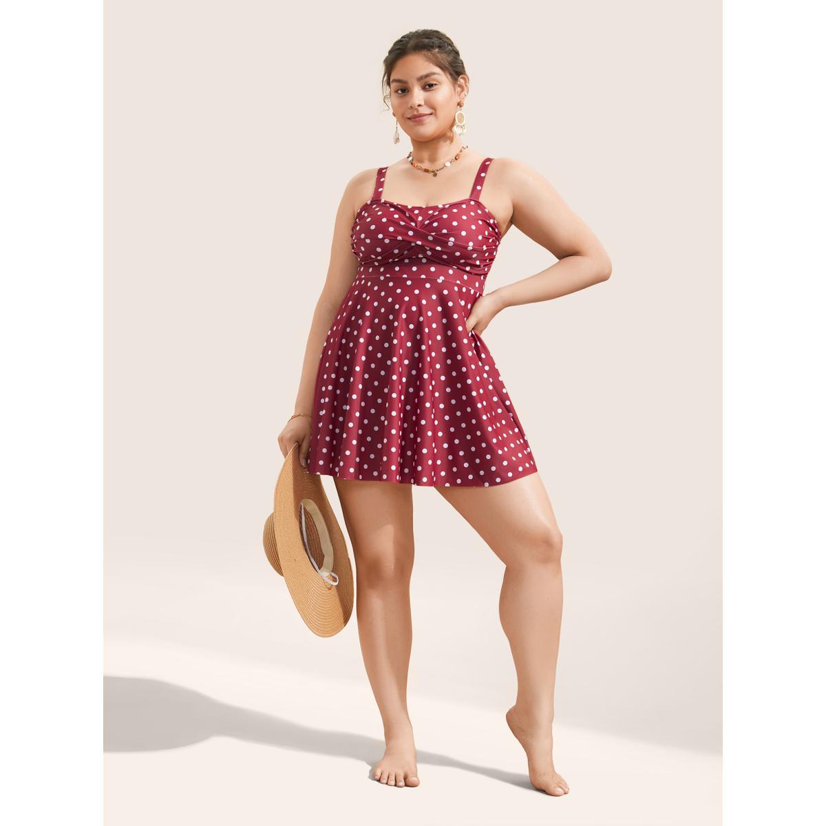 Plus Size Polka Dot Ruched Fit Flare Swim Dress Women's Swimwear Russet Beach Bodycon Strapless High stretch Curve Swim Dresses BloomChic 12/L Product Image
