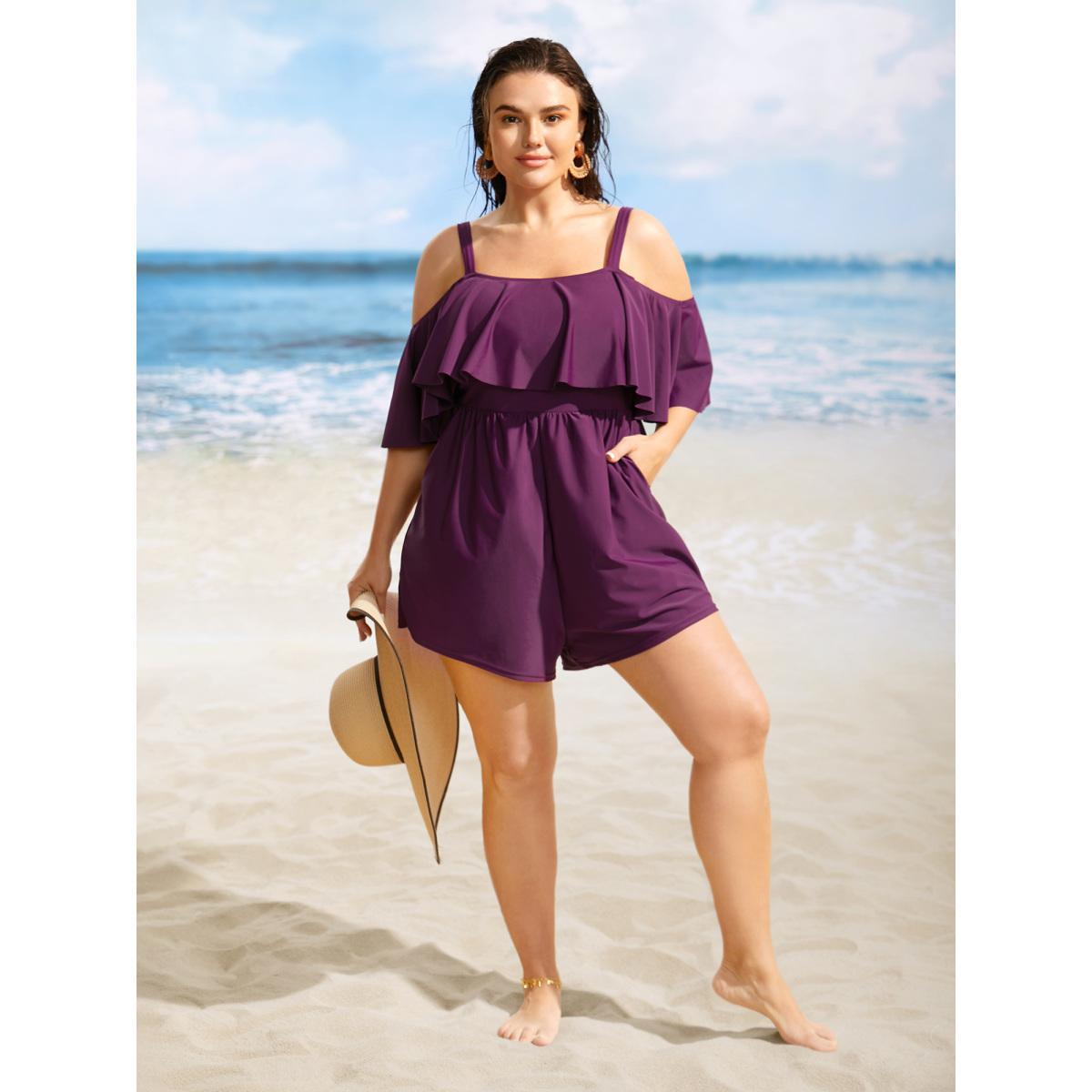 Plus Size Solid One Shoulder Neck Ruffle Trim One Piece Swimsuit Women's Swimwear Deeppurplered Beach Gathered Curve Bathing Suits High stretch One Pieces BloomChic 18-20/2X Product Image