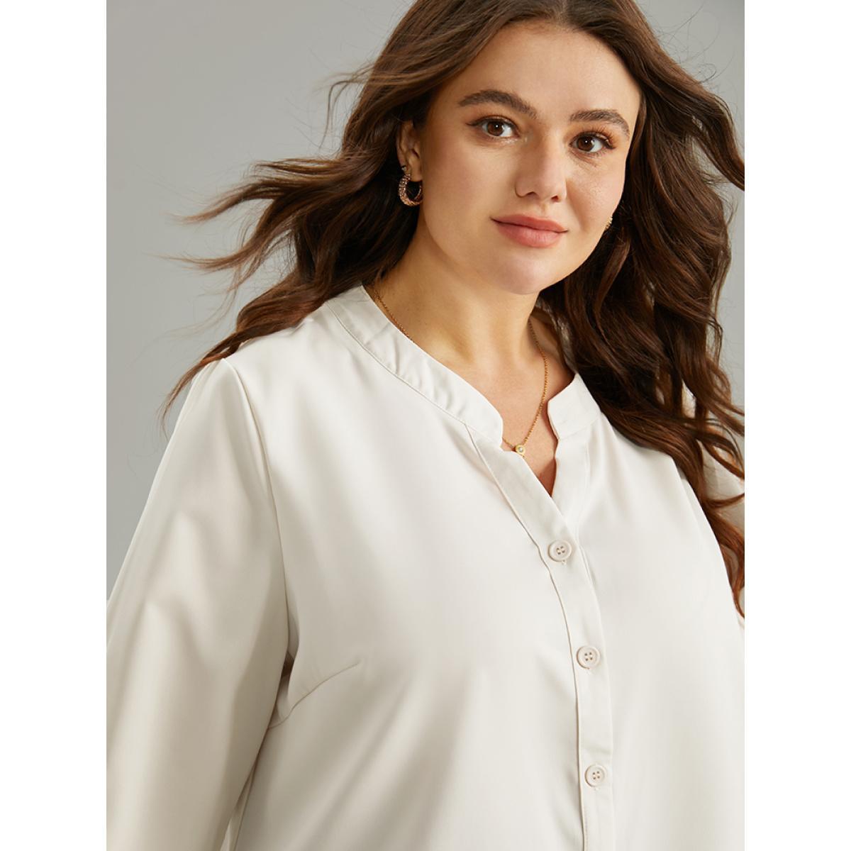 Plus Size Ivory Solid Notched Button Through Blouse Women Office Long Sleeve Notched collar Work Blouses BloomChic 30/6X Product Image
