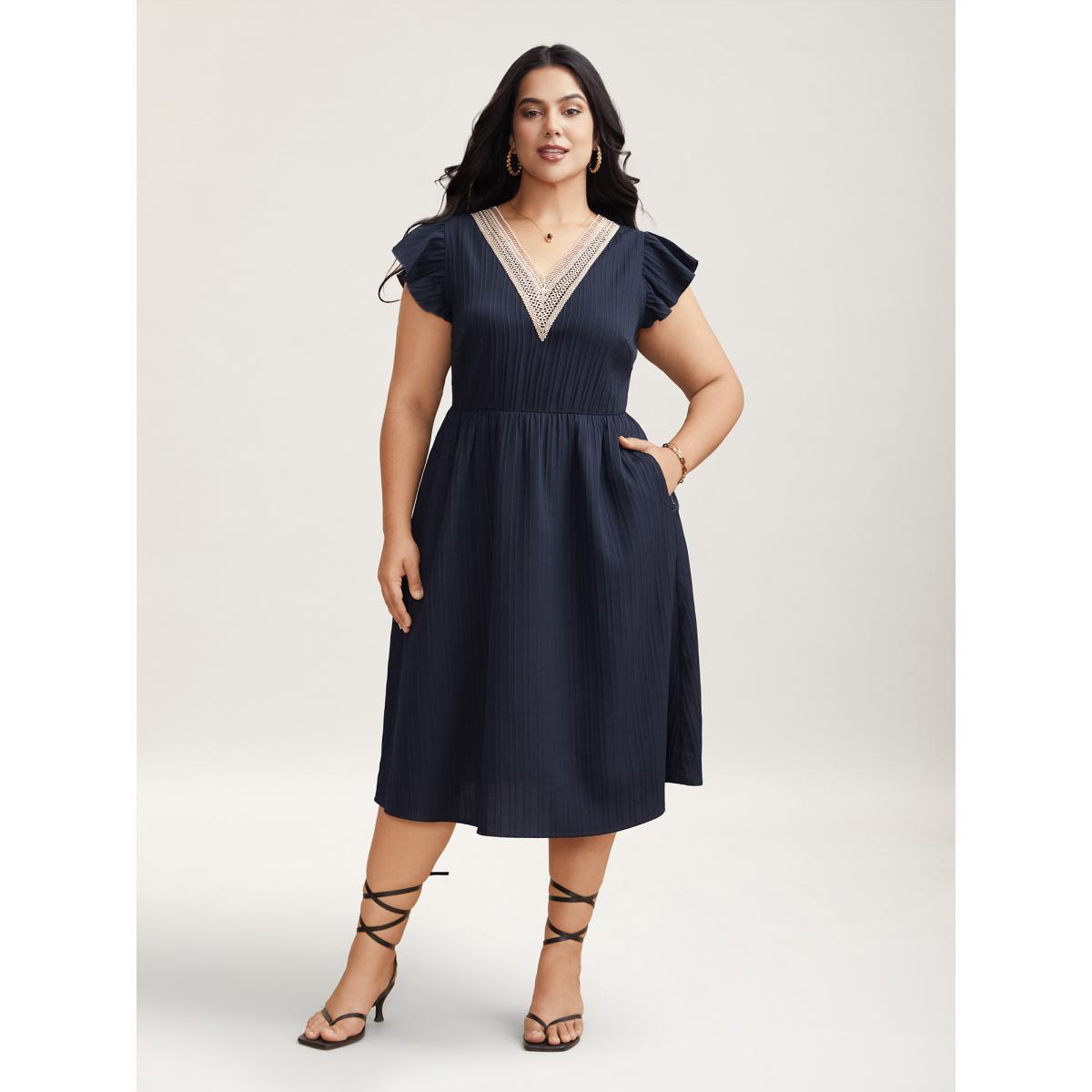 Plus Size Textured Lace Neckline Ruffled Sleeve Dress Navy Women Elegant Woven ribbon&lace trim V-neck Short sleeve Curvy BloomChic 14-16/1X Product Image