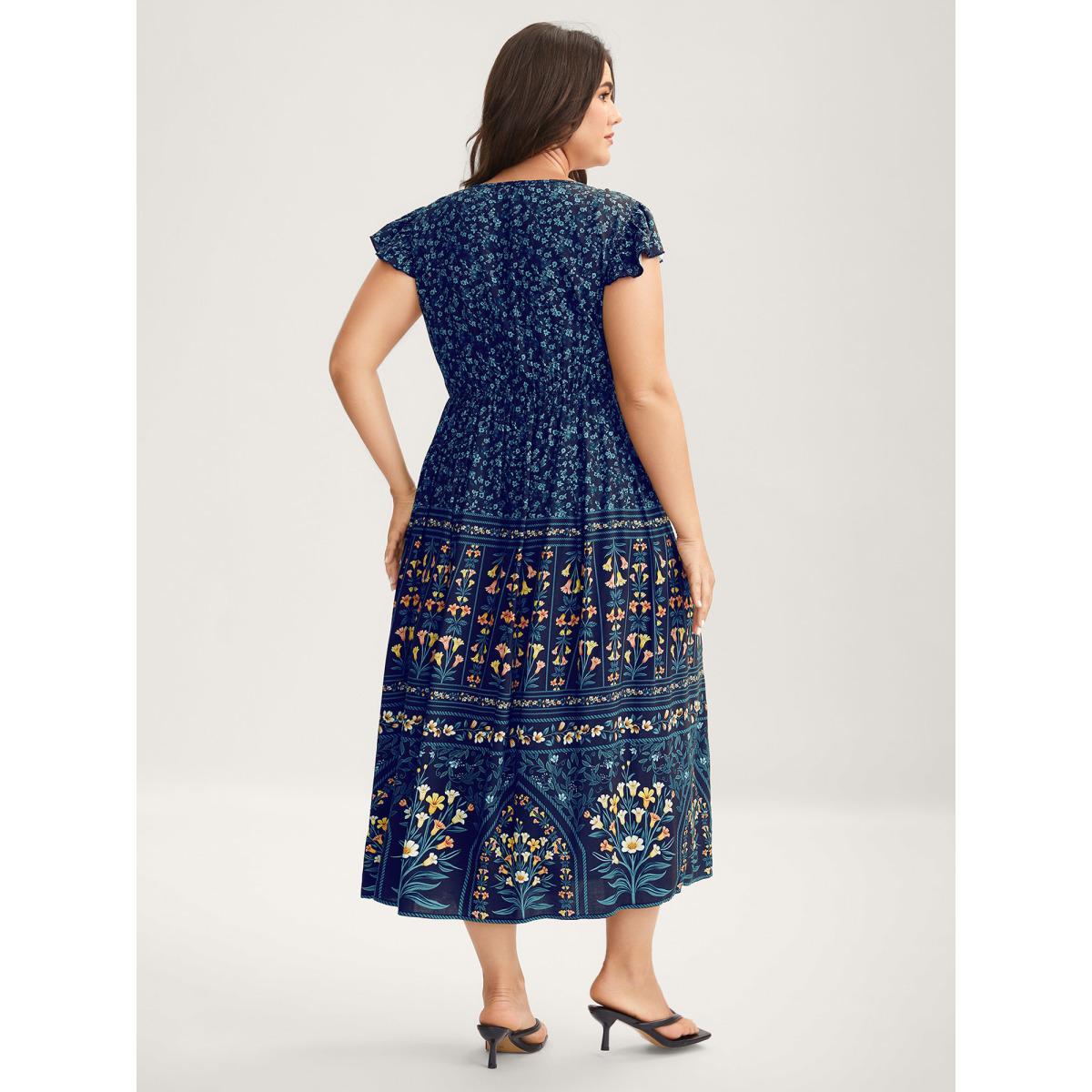 Plus Size Rayon Garden Fresh Ruffled Sleeve Midi Dress DarkBlue Women Heart neckline Cap Sleeve Curvy BloomChic 28/5X Product Image