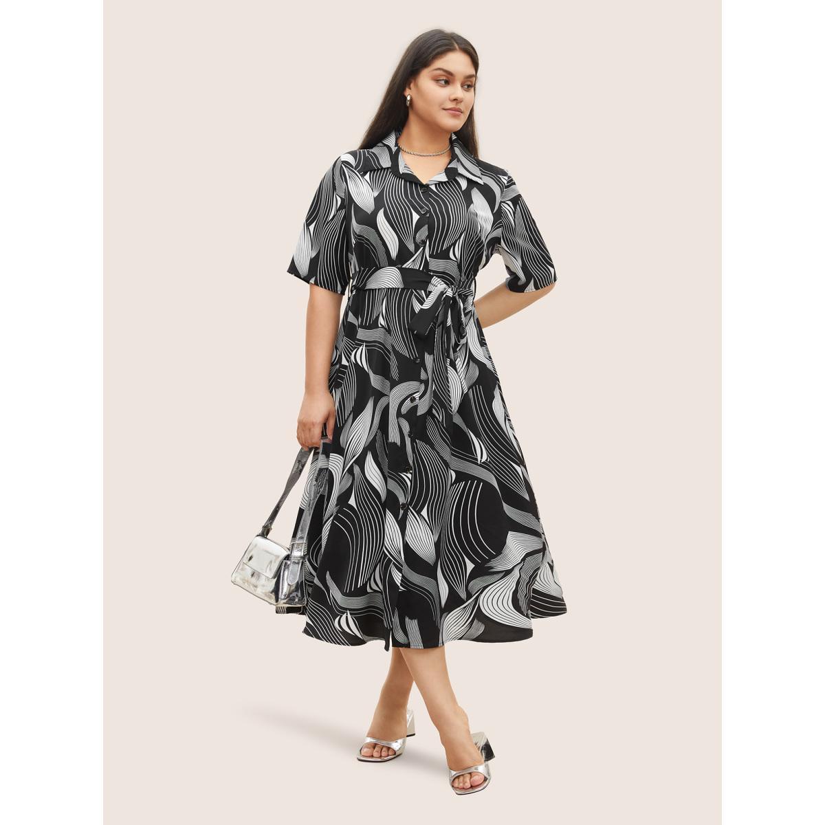 Plus Size Shirt Collar Geometric Button Up Belted Dress Black Women At the Office Belted Shirt collar Half Sleeve Curvy Midi Dress BloomChic 14-16/1X Product Image