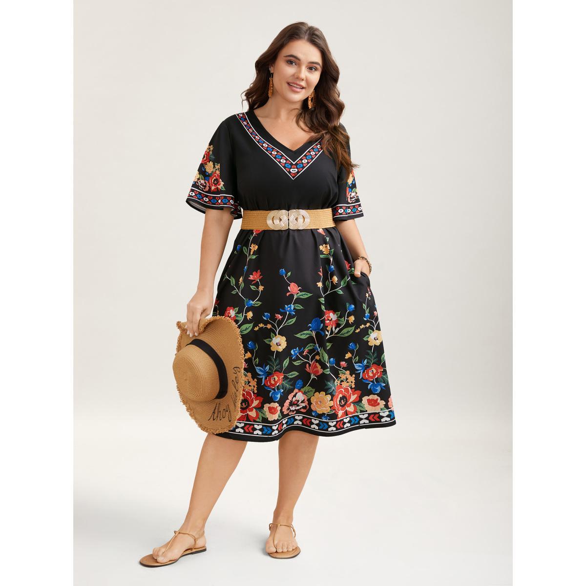 Plus Size Boho Print V-Neck Flared Sleeve Midi Dress Black Women Resort Non V-neck Short sleeve Curvy BloomChic 10/M Product Image