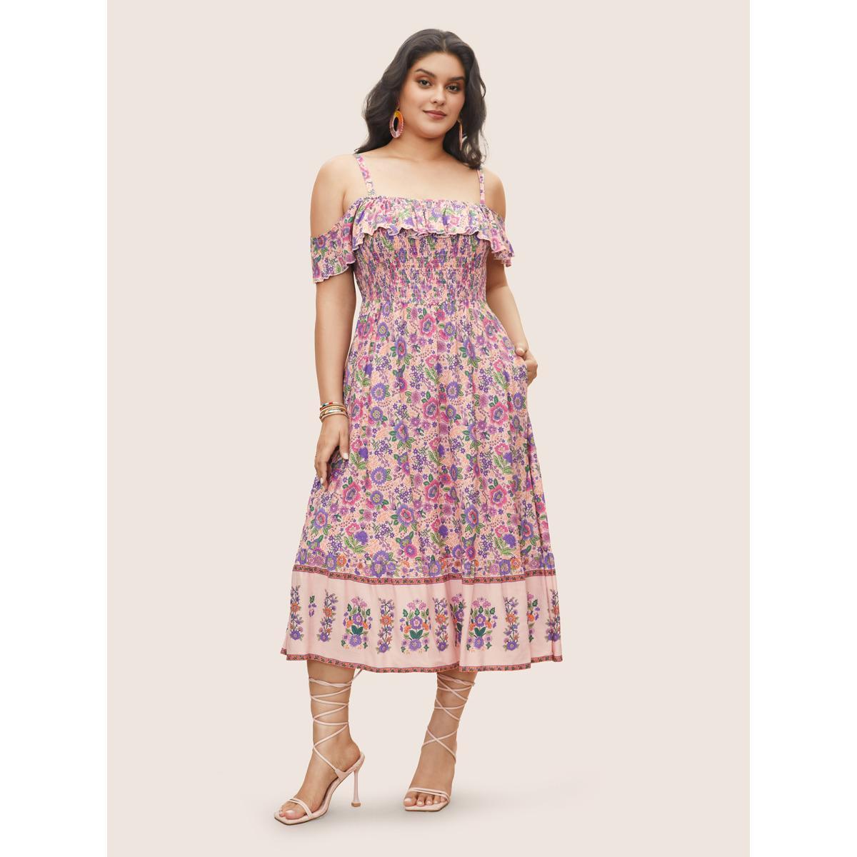 Plus Size Floral Cold Shoulder Ruffles Shirred Dress Pink Women Resort Shirred Non Short sleeve Curvy Midi Dress BloomChic 18-20/2X Product Image