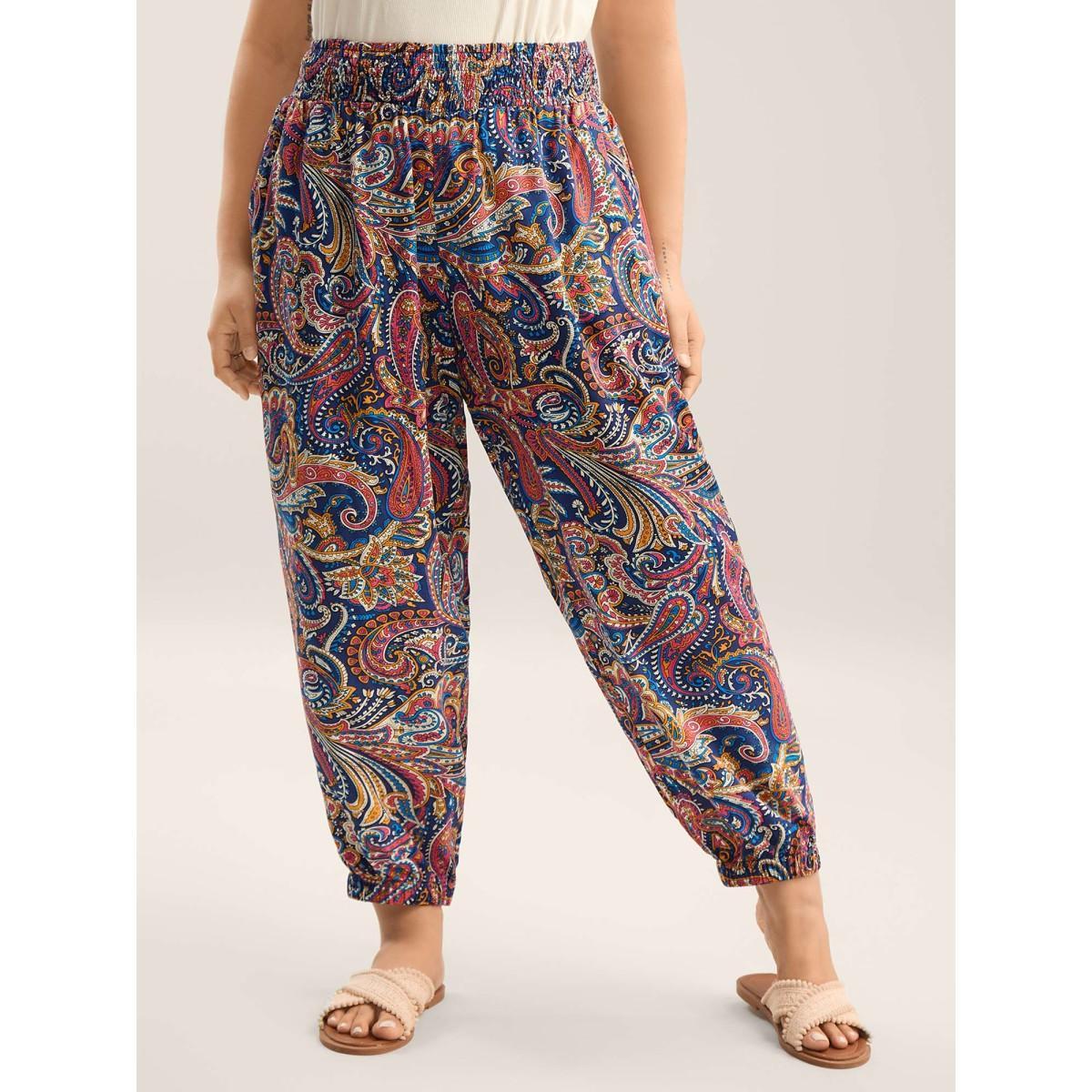 Plus Size Paisley Print Shirred Waist Jogger Pants Women Indigo Beach Bodycon Mid Rise Vacation Pants BloomChic 26/4X Product Image