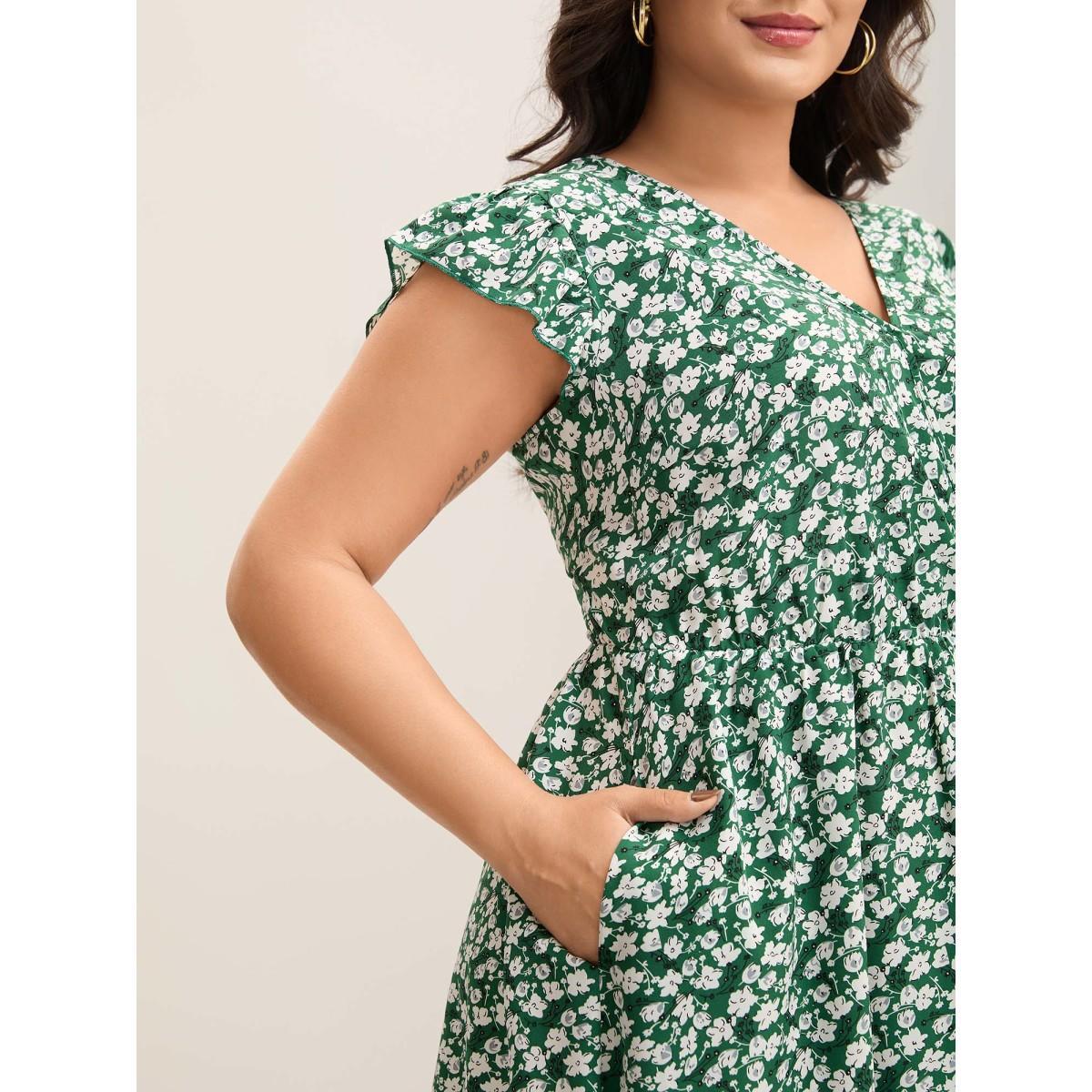Plus Size Breezy Floral Print Flutter Sleeve Midi Dress Truegreen Women Elegant Ruffles Overlap Collar Cap Sleeve Curvy BloomChic 28/5X Product Image