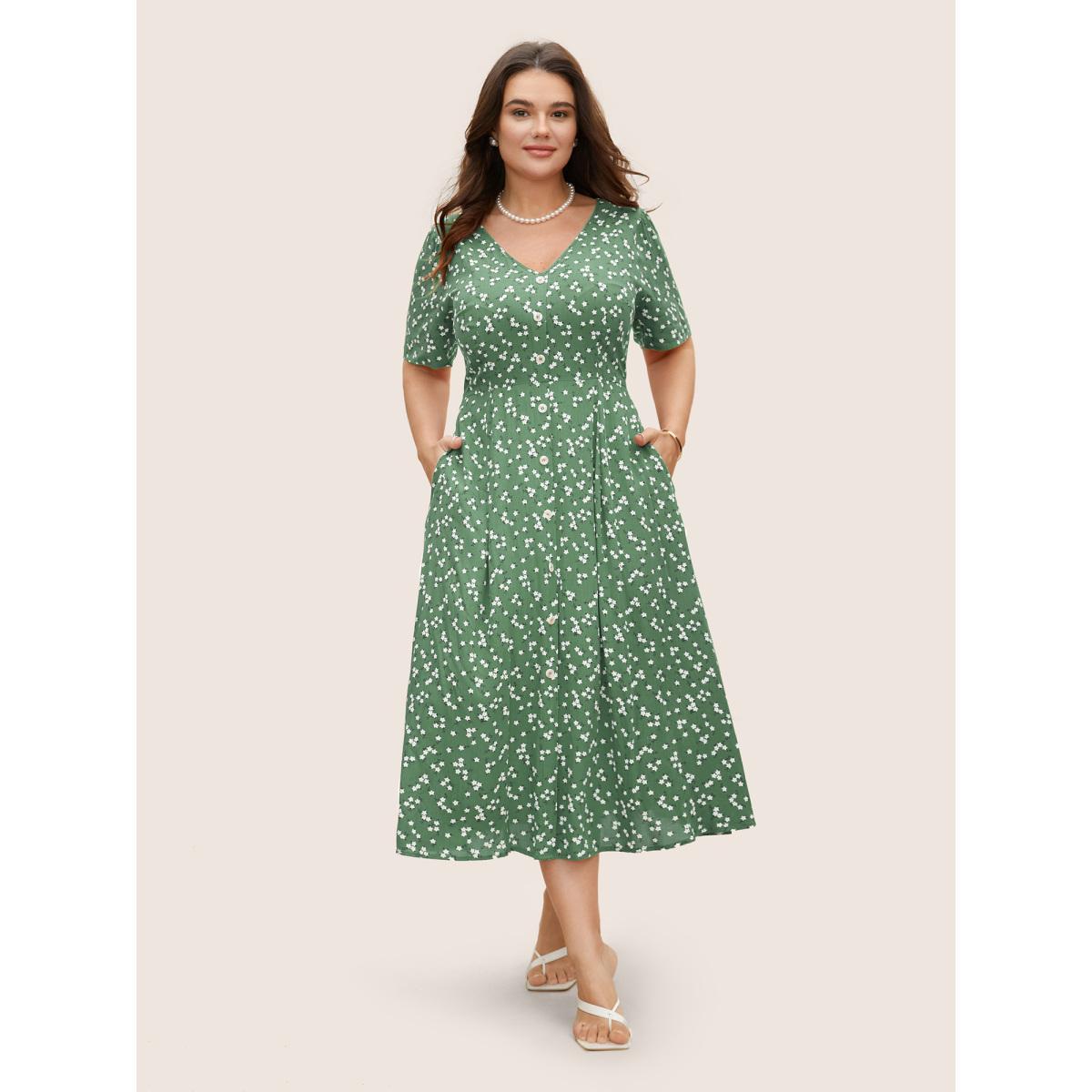 Plus Size Ditsy Floral Button Detail Elastic Waist Midi Dress Truegreen Women Elegant Gathered V-neck Short sleeve Curvy BloomChic 14-16/1X Product Image