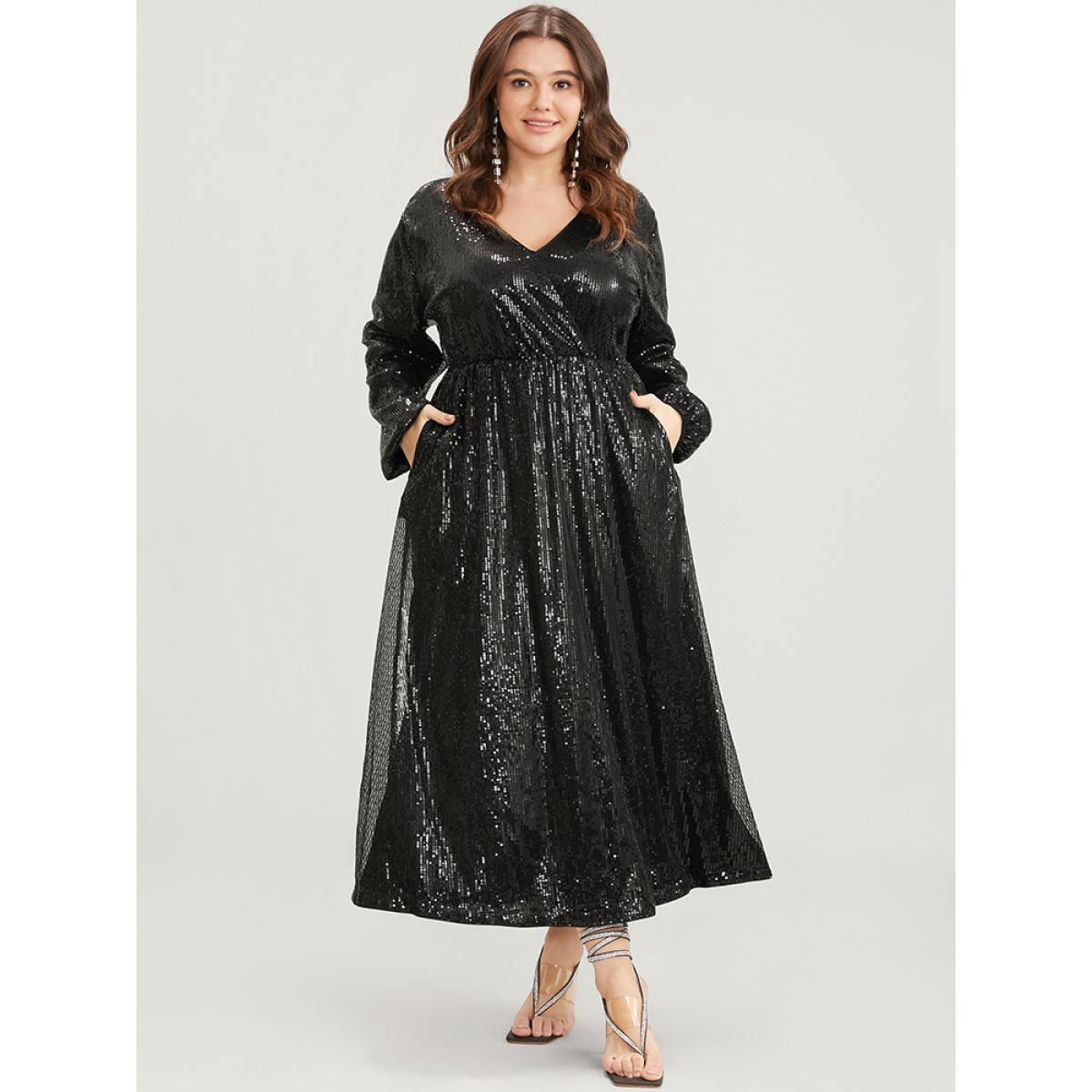 Plus Size Solid Lantern Sleeve Pocket Wrap Sequin Maxi Dress Black Women Party Elastic Waist V-neck Long Sleeve Curvy Long Dress BloomChic 18-20/2X Product Image