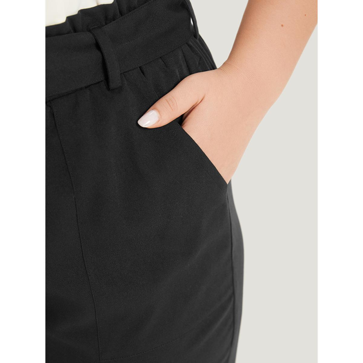 Plus Size Supersoft Essentials Solid Pocket Buckle Detail Pants Women Black Office Straight Leg High Rise Work Pants BloomChic 30/6X Product Image