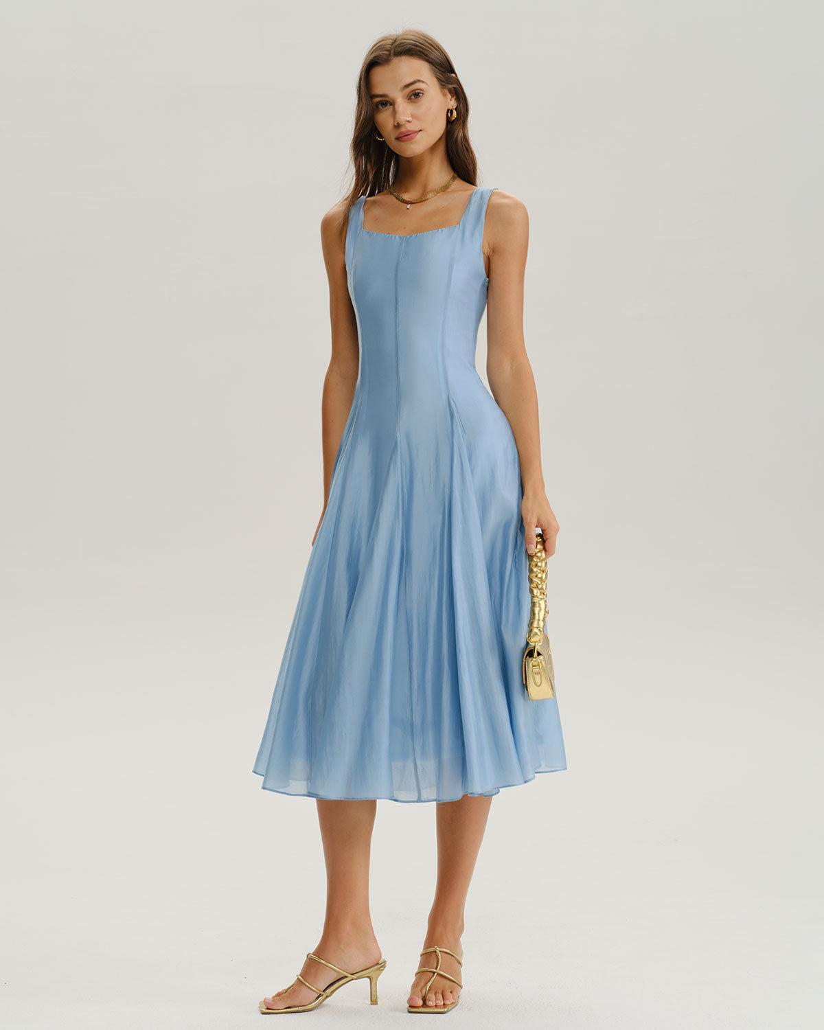 Blue Square Neck A-Line Sleeveless Midi Dress Product Image