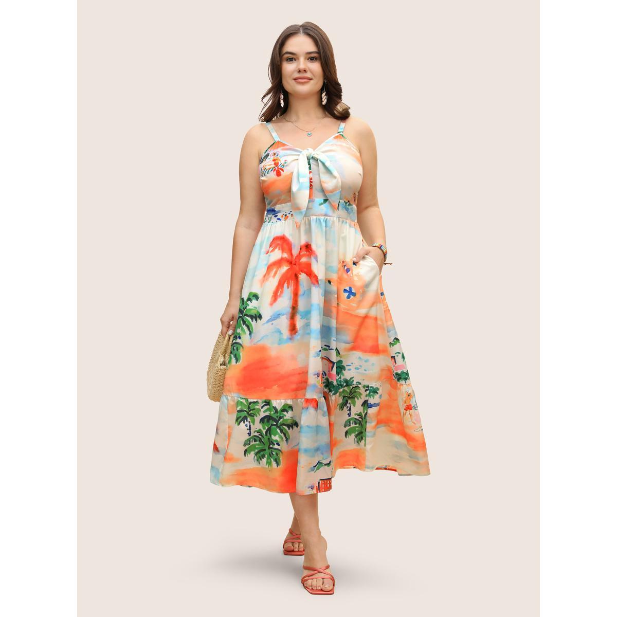 Plus Size V Neck Tropical Print Tie Knot Midi Dress LightBlue Women Resort Tie knot V-neck Sleeveless Curvy BloomChic 30/6X Product Image