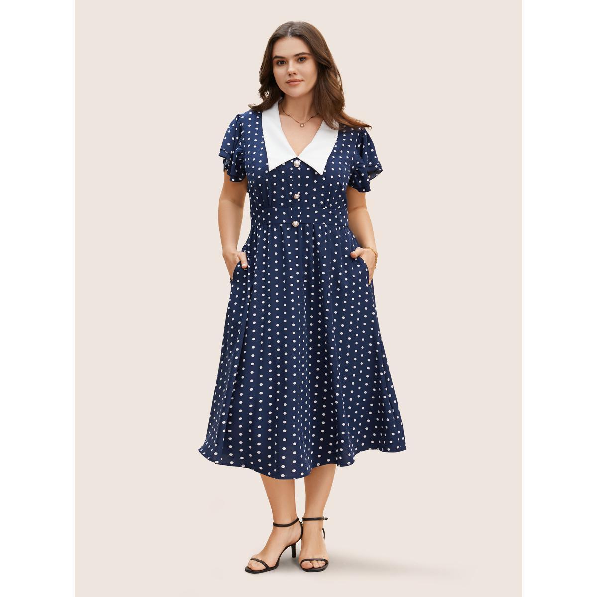 Plus Size Polka Dot Ruffle Cap Sleeve Button Detail Dress Navy Women Elegant Gathered V-neck Cap Sleeve Curvy BloomChic 22-24/3X Product Image