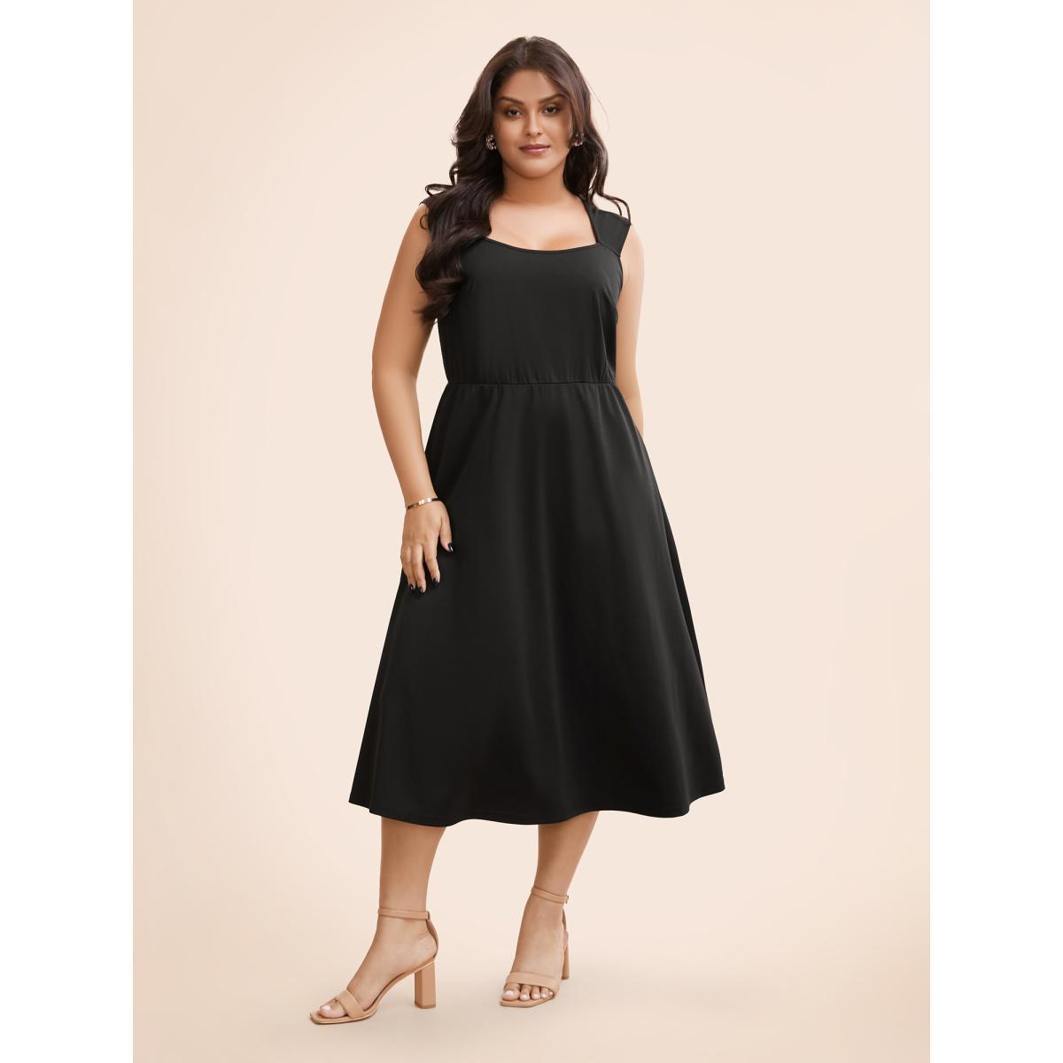 Plus Size Plain Elastic Waist Midi Tank Dress Black Women Elegant Non Square Neck Sleeveless Curvy BloomChic 26/4X Product Image