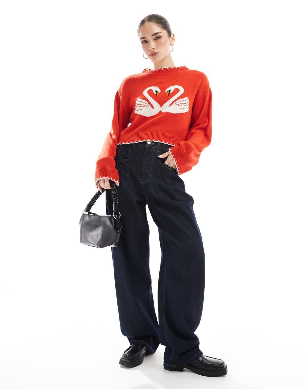 Miss Selfridge blanket stitch swan heart sweater in red Product Image