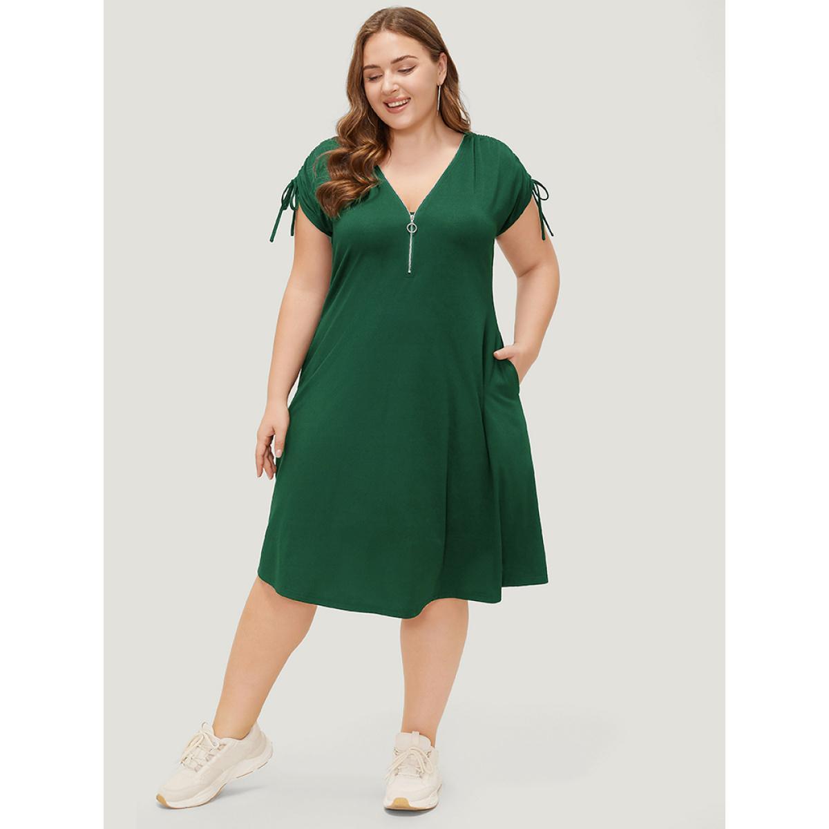 Plus Size Solid Drawstring Sleeve Pocket Ruffle Zip Up Dress DarkGreen Women Casual Zipper V-neck Half Sleeve Curvy Knee Dress BloomChic 10/M Product Image