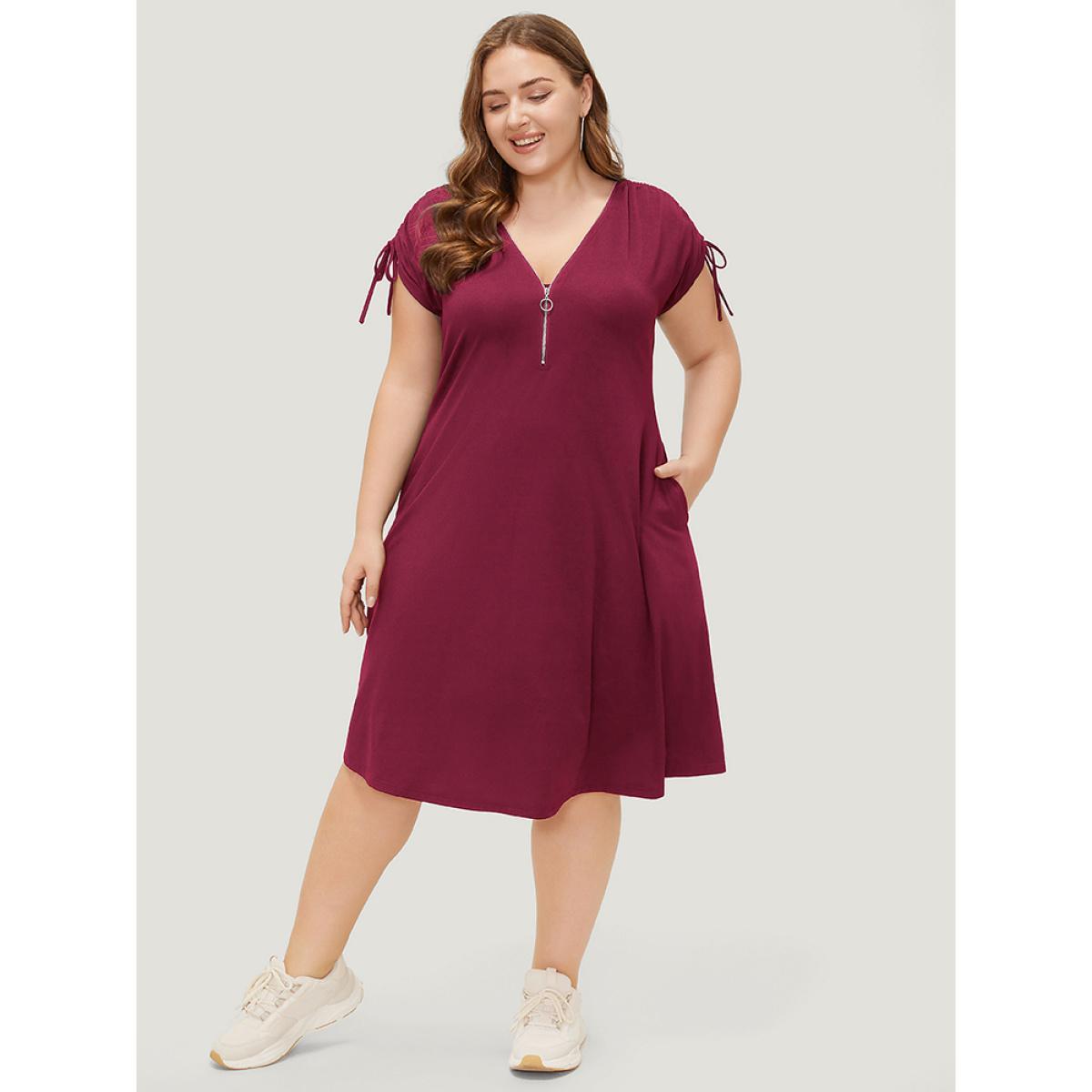 Plus Size Solid Drawstring Sleeve Pocket Ruffle Zip Up Dress Scarlet Women Casual Zipper V-neck Half Sleeve Curvy Knee Dress BloomChic 22-24/3X Product Image