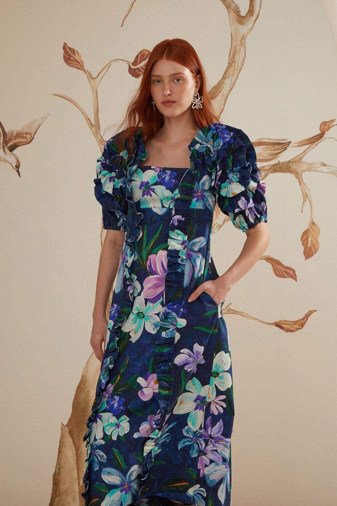 Floraline Ruffle Short Sleeve Midi Dress, FLORALINE BLUE / XL Product Image