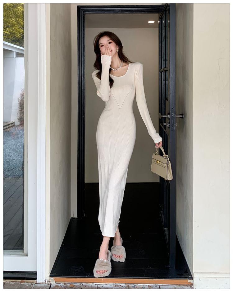 Long Sleeve Round Neck Plain Knit Maxi Sheath Dress Product Image