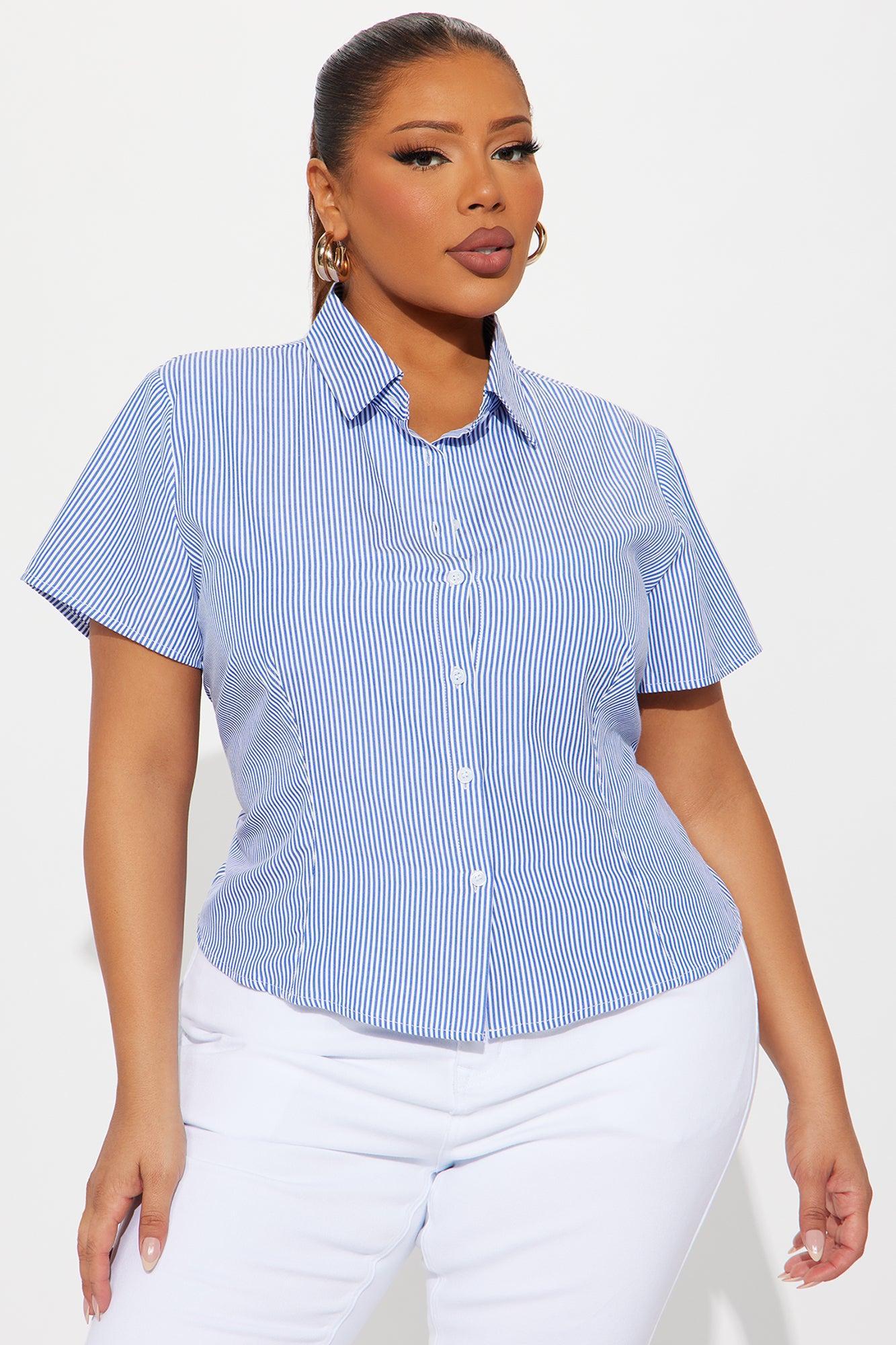 Stay In Line Lace Up Striped Poplin Shirt - Navy Product Image