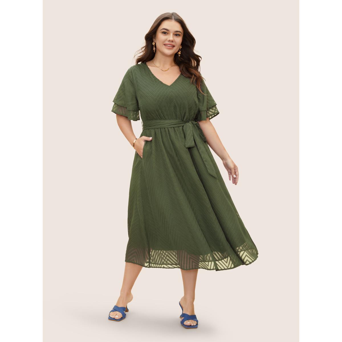 Plus Size Texture Tiered Ruffle Sleeve See Through Dress ArmyGreen Women Elegant Texture V-neck Half Sleeve Curvy BloomChic 18-20/2X Product Image