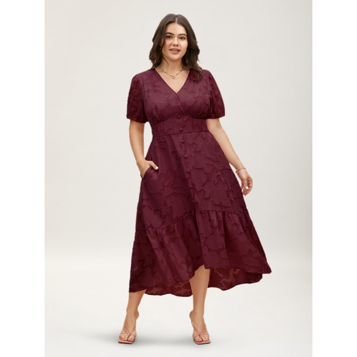 Plus Size Solid Textured Lantern Sleeve Button Detail Dress Burgundy Women Elegant Button V-neck Short sleeve Curvy BloomChic 10/M Product Image