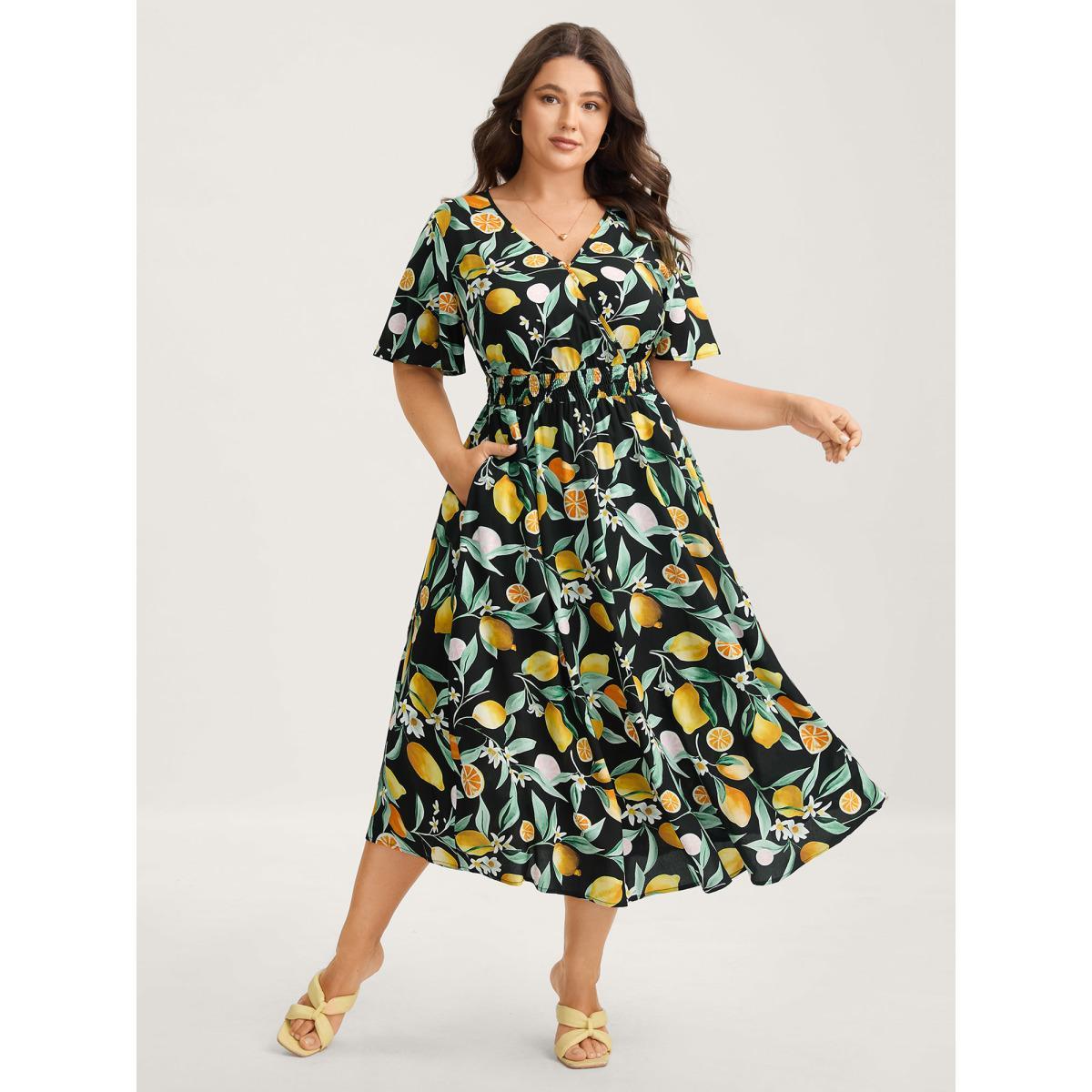 Plus Size Citrus Print Overlap Neck Shirred Midi Dress Black Women Overlap Collar Short sleeve Curvy BloomChic 10/M Product Image