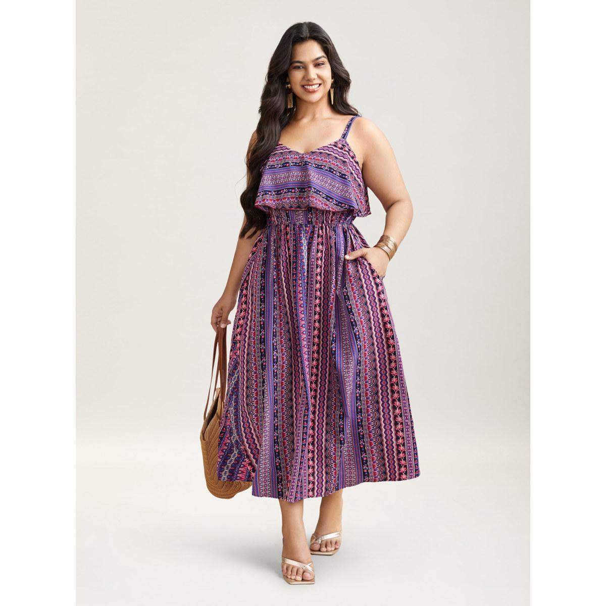 Plus Size Boho Print Stretchy Waist Pockets Midi Dress Deeppurplered Women Resort Tiered V-neck Sleeveless Curvy BloomChic 10/M Product Image