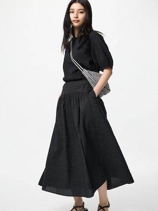 Womens Seersucker Volume Skirt Gingham Black Small UNIQLO US Product Image