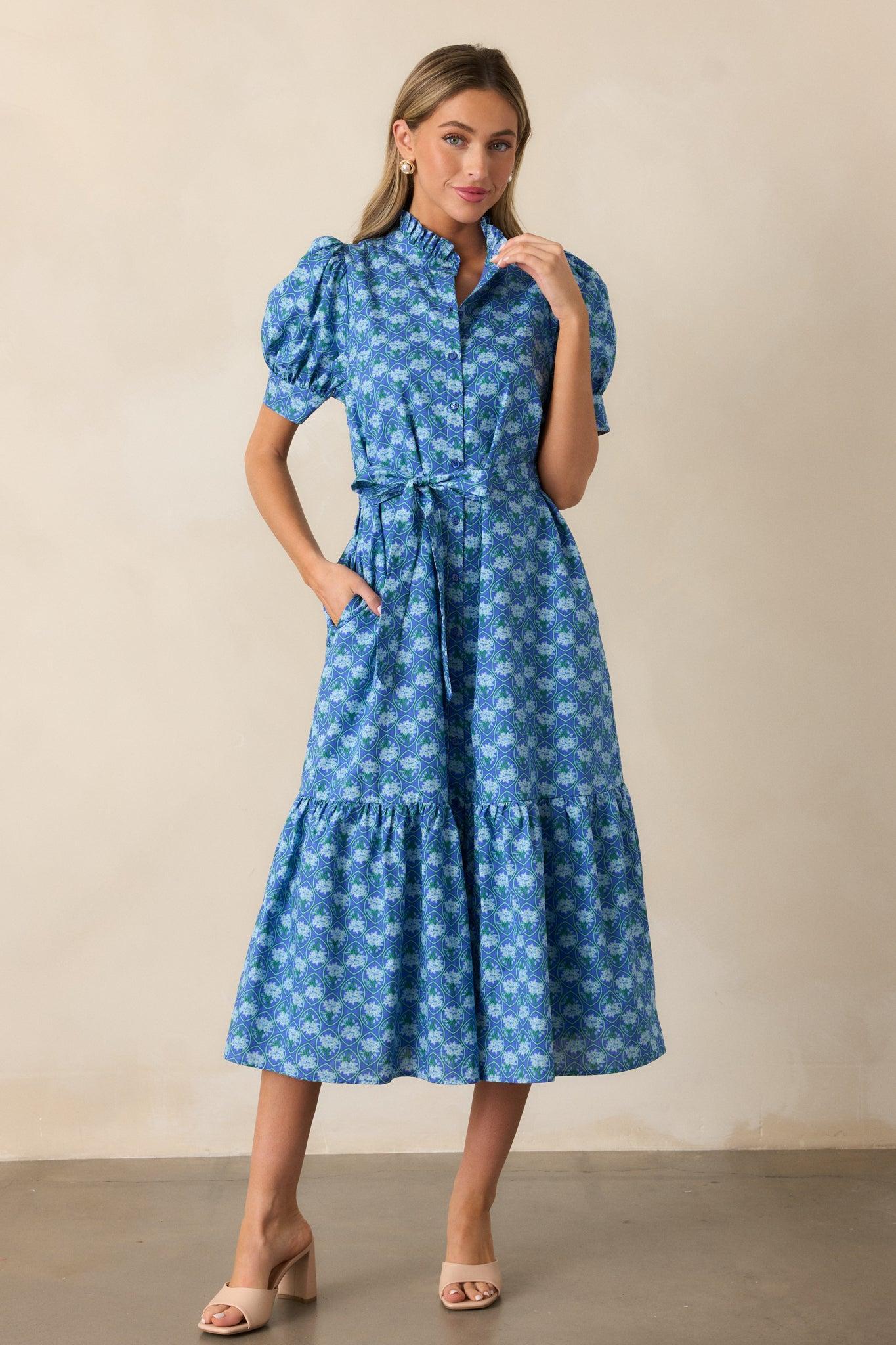 Orchid Waters Cotton Blue Floral Button Front Midi Dress Product Image